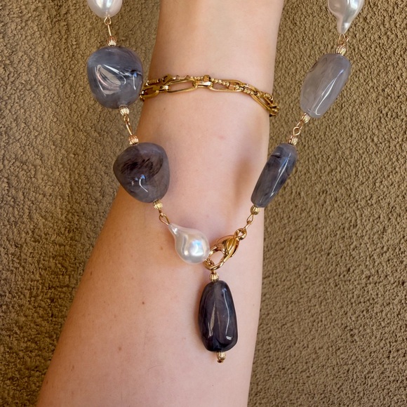 Gray Stone & Pearl Y-Drop Statement Necklace - Picture 4 of 4